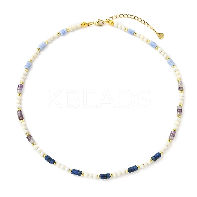 Natural Amethyst & Lapis Lazuli  & Synthetic Blue Lace Agate Heishi Beads and Natural Cultured Freshwater Pearl Rice Beaded Necklaces for Women NJEW-JN06294-02-1