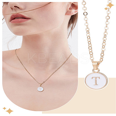 1Pc Zinc Alloy White Enamel Round with Letter Pendant Necklaces NJEW-LP0002-88G-T-1