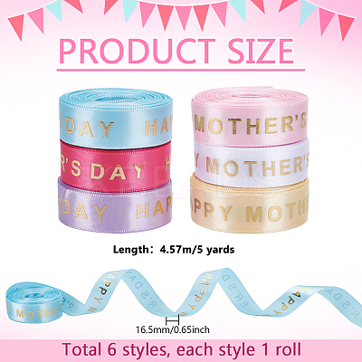 6 Rolls 6 Colors Gold Stamping Happy Mother's Day Polyester Printed Ribbons OCOR-PH0004-40-1