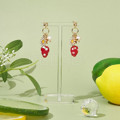 Natural Pearl & Alloy Enamel Flower & Lampwork Strawberry Dangle Stud Earrings EJEW-TA00143-1