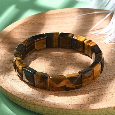 Square Natural Tiger Eye Beads Stretch Bracelets for Women Men BJEW-C097-06Q-1