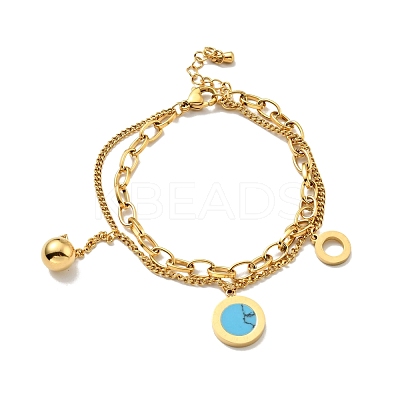 Synthetic Turquoise Flat Round & Ball Charms Double Layered Bracelet BJEW-G646-07G-1