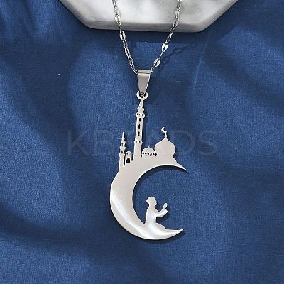 201 Stainless Steel Hollow Moon with Castle and Prayer Pendant Necklaces for Ramadan & Eid Mubarak NJEW-D318-05P-1