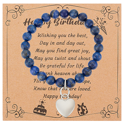Natural Lapis Lazuli Round Beaded Stretch Bracelet with Alloy Heart Charm BJEW-OC0001-09D-1