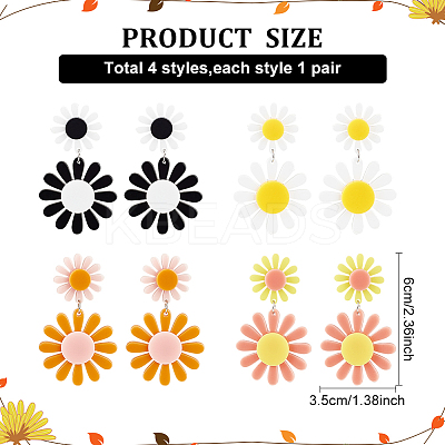 4 Pairs 4 Colors Acrylic Sunflower Dangle Stud Earrings EJEW-AN0002-99-1
