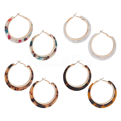 4 Pairs 4 Colors Cellulose Acetate(Resin) Hoop Earrings with Alloy Pins EJEW-AN0004-51-1