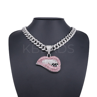 Zinc Alloy Full Rhinestone Lip Pendant Cuban Link Chain Necklaces for Men FS-WG26C72-01-1