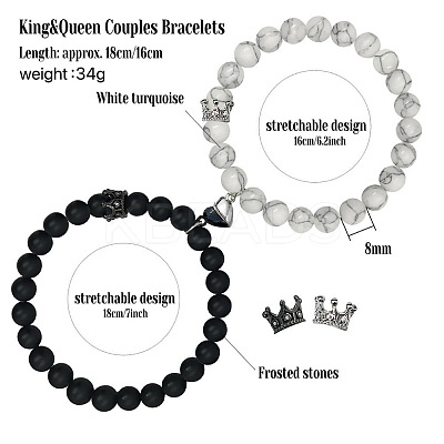 2Pcs Matching Natural Black Matte Stone & Synthetic HowliteRound Beads Stretch Bracelets PT6851-3-1