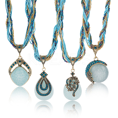 4Pcs 4 Style Flat Round & Teardrop & Rhombus Resin Pendant Necklace Sets with Rhinestone NJEW-AN0001-07-1