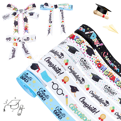 7Pcs 7 Styles Graduation Season Polyester Printed Grosgrain Ribbon OCOR-PH0005-02-1