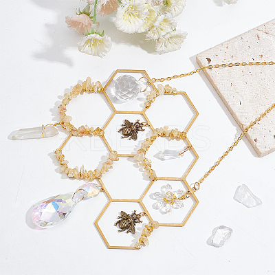 Brass Honeycomb & Yellow Quartz Chip Pendant Decorations HJEW-WH0069-33-1