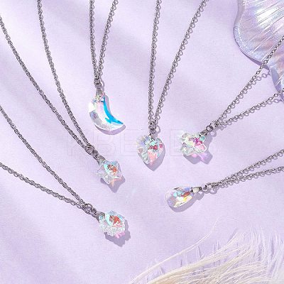 6Pcs 6 Styles Electroplated Clear AB Glass Star Moon Heart Pendant Necklaces NJEW-JN05146-1