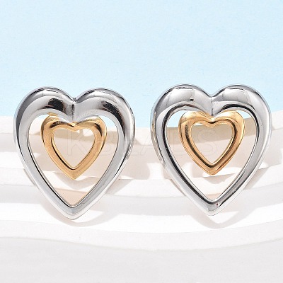 304 Stainless Steel Two Tone Heart Stud Earrings EJEW-C142-14PG-1