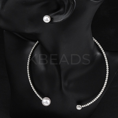 Round Plastic Imitation Pearl Stud Earrings & Cubic Zirconia Rhinestone Cuff Choker Necklaces Sets SJEW-U003-07P-1