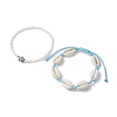 2Pcs 2 Style Glass Seed & Alloy Turtle Beaded Stretch Bracelets Set BJEW-JB09707-1