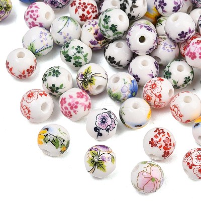 Printed Floral Printed Porcelain Beads PORC-T137-01B-1
