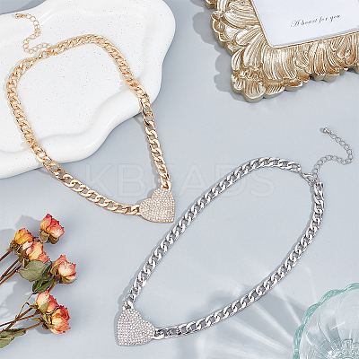 2Pcs 2 Colors Crystal Rhinestone Heart Pendant Necklaces Set with Alloy Curb Chains NJEW-AN0001-88-1