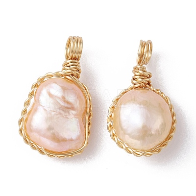 3Pcs Natural Cultured Freshwater Pearl Copper Wire Wrapped Pendants PALLOY-JF02201-1