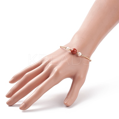 Natural Red Jasper & Pearl Round Beaded Bangle BJEW-JB08464-05-1