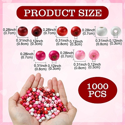 1000Pcs 5 Colors Valentine's Day Round Dyed Natural Wood Beads WOOD-YW0001-13-1