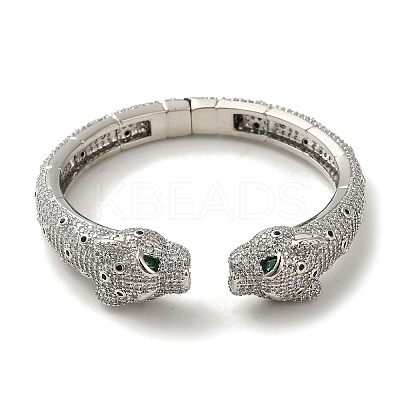 Brass Pave Clear & Green Cubic Zirconia Leopard Open Cuff Bangle for Women BJEW-K246-20F-P-1