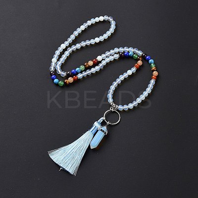 Opalite Bullet & Tassel Pendant Necklace with Mixed Gemstone Beaded Chains NJEW-E585-02F-1