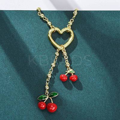 Heart & Cherry Brass Red Enamel Pendant Necklaces for Women NJEW-G162-02G-1