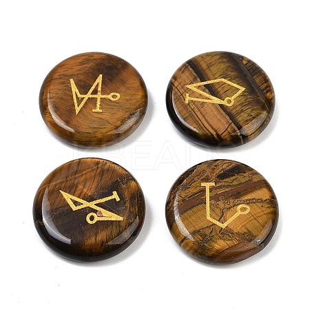 4Pcs 4 Styles Natural Tiger Eye Flat Round with Angels Symbol Display Decorations G-R007-01D-1