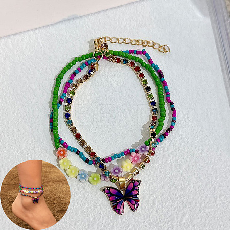 Bohemian Resin & Glass Seed Beaded Stretch Multi-Layered Anklet Sets WG187EB-11-1
