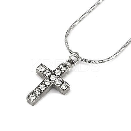 304 Stainless Steel Crystal Rhinestone Cross Pendant Round Snake Chain Necklaces for Women NJEW-Z044-05P-1