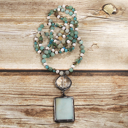 Rectangle & Flat Round Bohemian Style Natural Amazonite with Glass Pendant Necklaces FS-WGEA5B3-03-1
