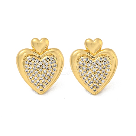 Heart Brass Pave Clear Cubic Zirconia Stud Earrings for Women EJEW-N054-39G-1