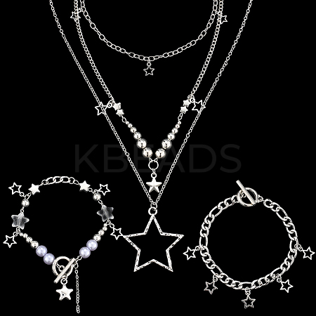 Star Iron Chains Charm Bracelets & Zinc Alloy Star Pendant 3 Layered Necklaces for Women SJEW-SC0001-02-1