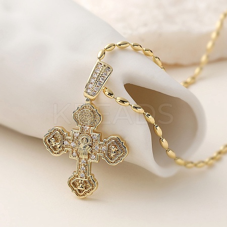 Brass Micro Pave Clear Cubic Zirconia Cross Pendant Necklaces for Women NJEW-K298-02B-G-1