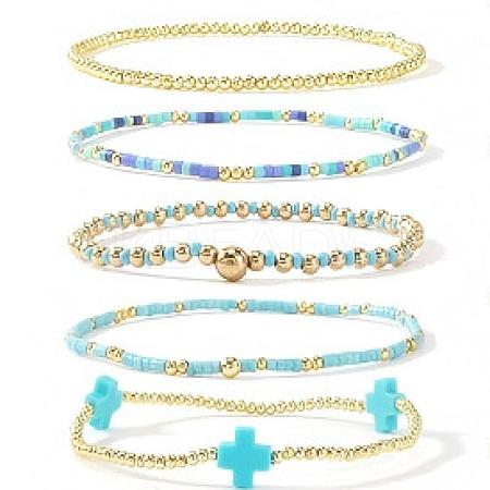 5Pcs 5 Styles Handmade Brass & Glass Beads Stretch Bracelet Set OI0028-7-1