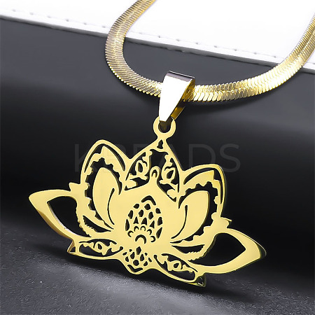201 Stainless Steel Chakra Lotus Flower Hollow Pendant Necklaces NJEW-K283-29G-1
