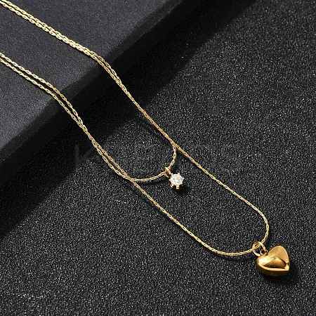 304 Stainless Steel Heart Pendant Double Layered Necklaces for Women NJEW-Z091-01G-1