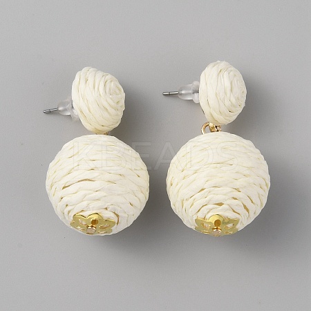 Raffia Grass Round Ball Dangle Stud Earrings EJEW-WH0009-71A-1