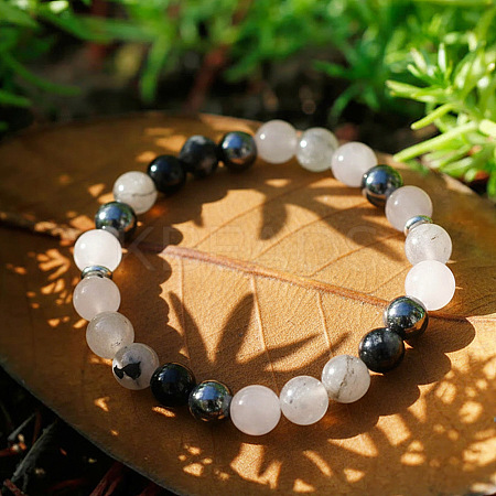 Natural Tourmalinated Quartz & Moonstone & Glass Round Beads Strertch Bracelets for Women Men NE6607-1