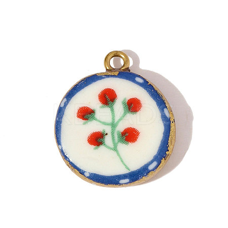 Flat Round Flower Branch Pattern Porcelain Pendants STAS-OY005-79G-1
