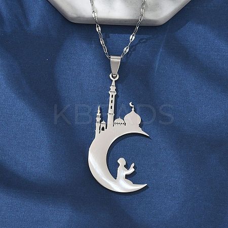 201 Stainless Steel Hollow Moon with Castle and Prayer Pendant Necklaces for Ramadan & Eid Mubarak NJEW-D318-05P-1