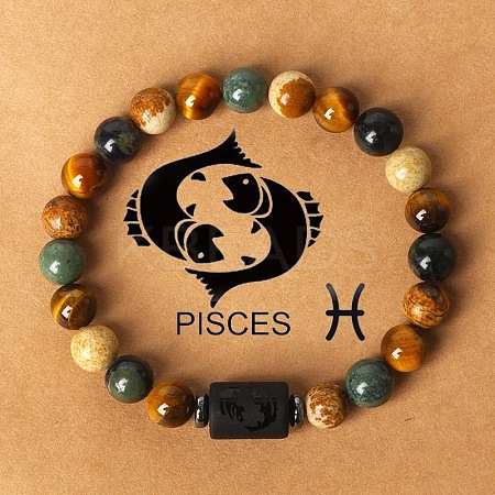12 Constellations Natural Tiger Eye & Picture Jasper Round Beaded Stretch Bracelets for Men Women WG21EC3-08-1