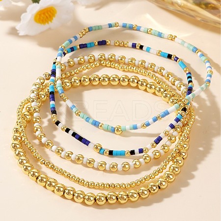 5Pcs 5 Styles Round Brass & Column Glass Seed Beads Stretch Bracelets YH8018-2-1