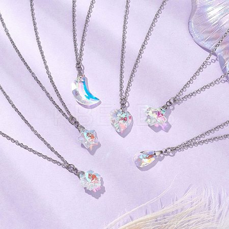 6Pcs 6 Styles Electroplated Clear AB Glass Star Moon Heart Pendant Necklaces NJEW-JN05146-1