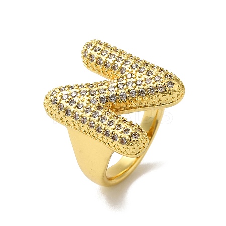 Letter Brass Micro Pave Clear Cubic Zirconia Open Cuff Ring for Women RJEW-N046-03N-G-1