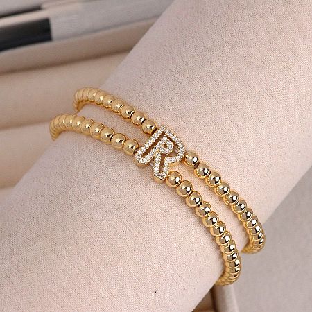 Brass Micro Pave Clear Cubic Zirconia Beads Double Strands Stretch Bracelets for Women FS-WGC7159-18-1