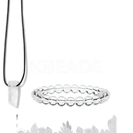 Natural Quartz Crystal Beads Stretch Bracelets & Pendant Necklaces Sets for Men PW-WGF85DB-06-1