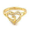 Heart with Letter Rack Plating Brass Micro Pave Clear Cubic Zirconia Adjustable Rings for Women RJEW-I105-01G-J-2