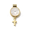 Brass Pave Natural White Shell Flat Round with Cross Pendants KK-C090-40G-04-1
