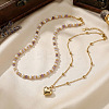 304 Stainless Steel Heart Pendant White Faux Pearl and Natural Amethyst Faceted Round Beaded Double Layer Necklaces for Women JN5423-1-3
